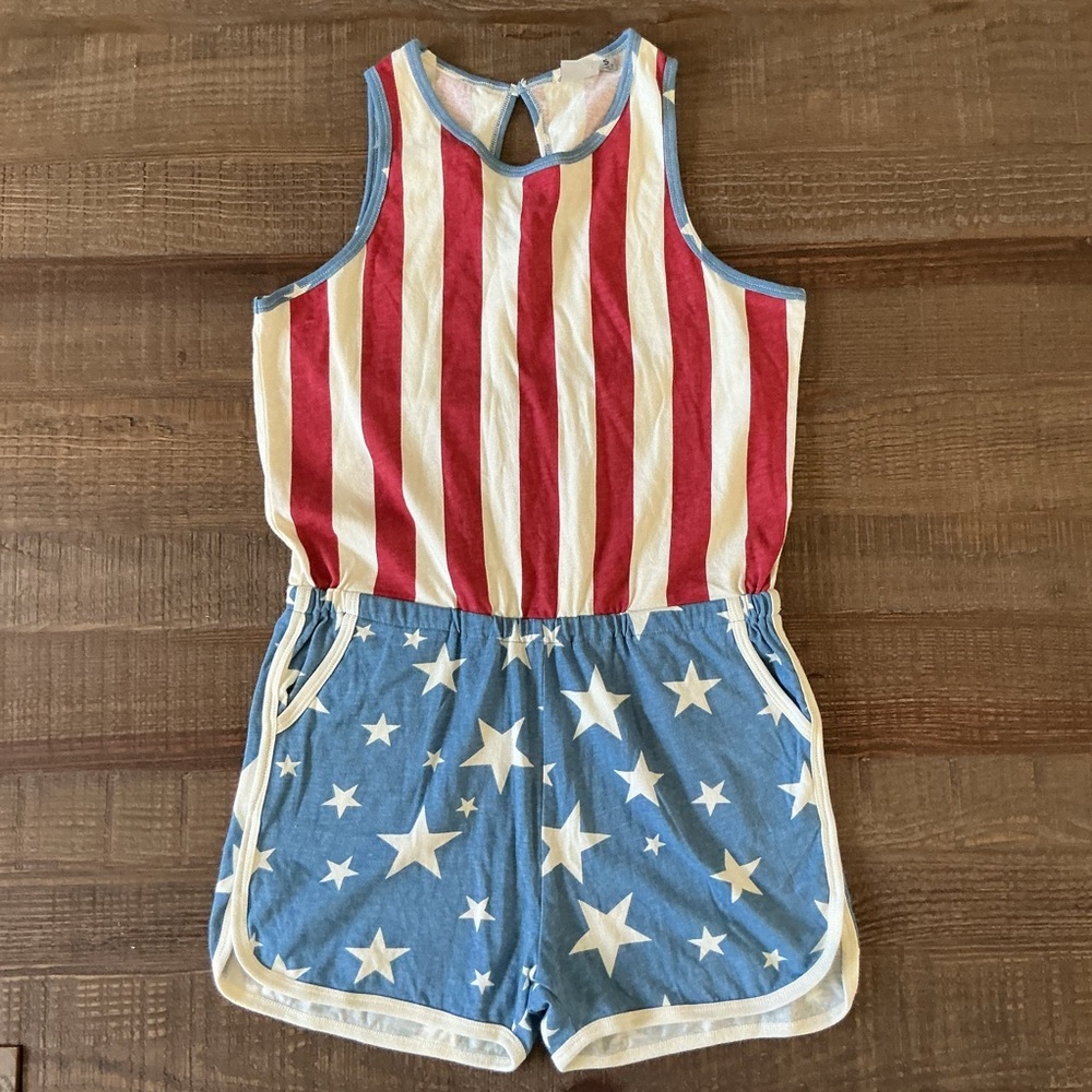 Junk Food Clothing Stars And Stripes Romper Two Front Pockets